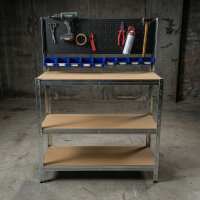 Banco de trabajo con panel perforado y cajas de almacenamiento visibles: estable, ordenado y flexible