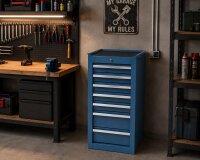 Armadio degli attrezzi blu, stretto, 7 cassetti