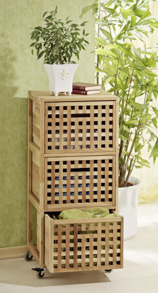 Conteneur roulant, 3 boxes, design en treillis, noyer