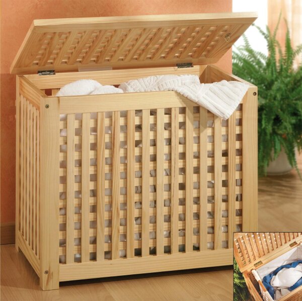 Laundry basket with linen bag made of pine wood