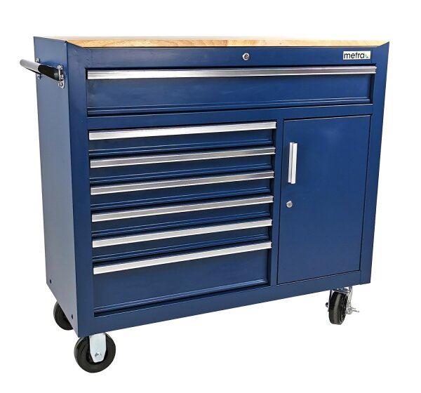 Carrello degli attrezzi con 7 cassetti e porta, con piano in legno grande